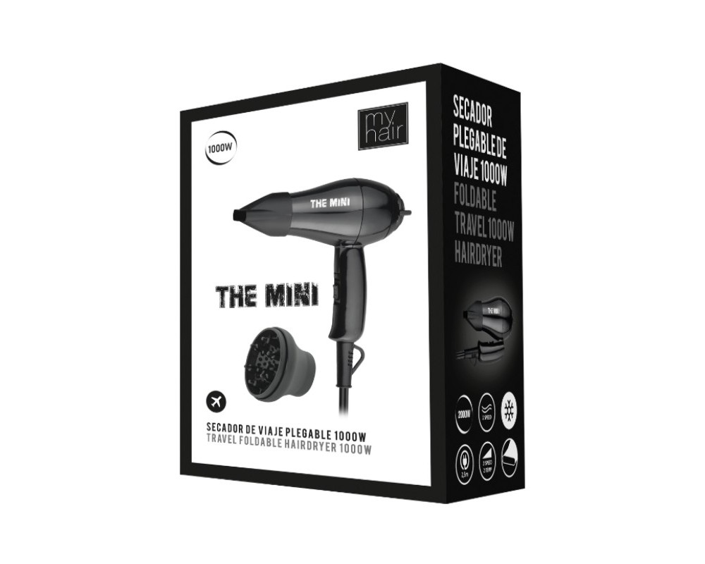 MyHair Secador de Viaje Plegable The Mini Black con difusor