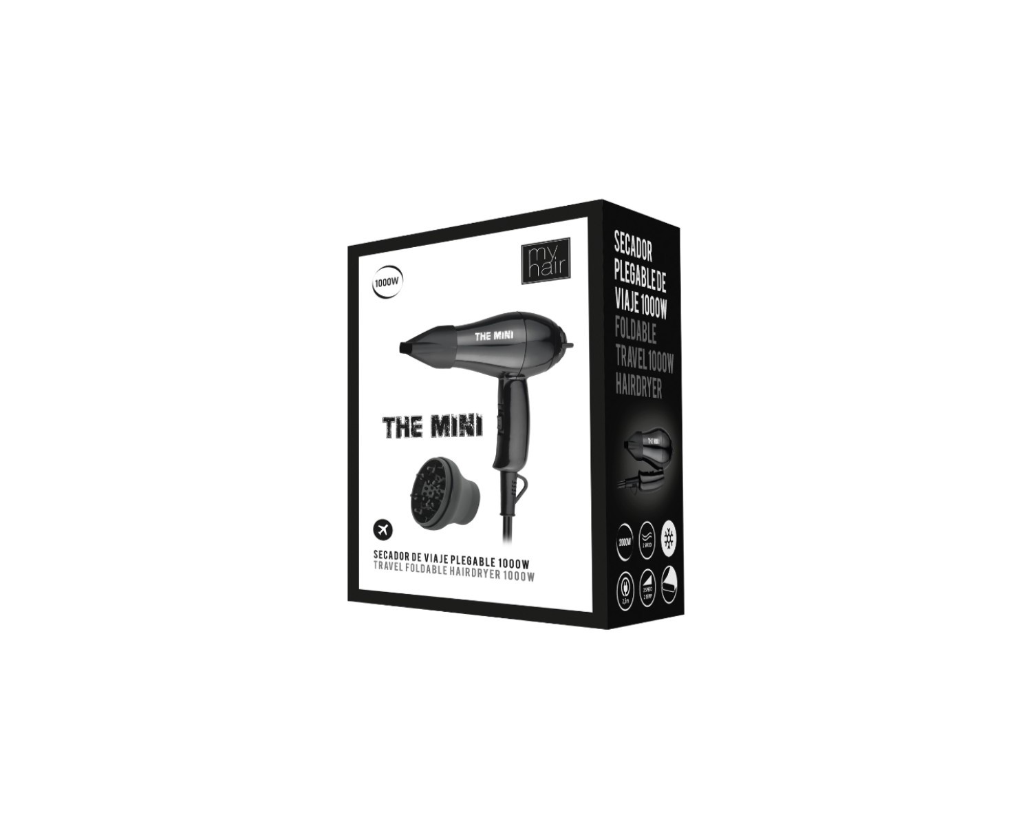 MyHair Secador de Viaje Plegable The Mini Black con difusor